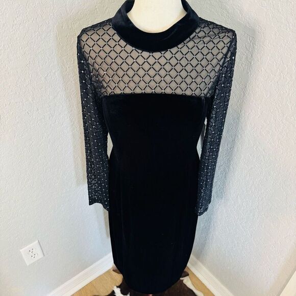 Eliza J Beaded Yoke Mixed Media Long Sleeve Sheath Dress, Black, Size 14, NWT - Picture 6 of 16